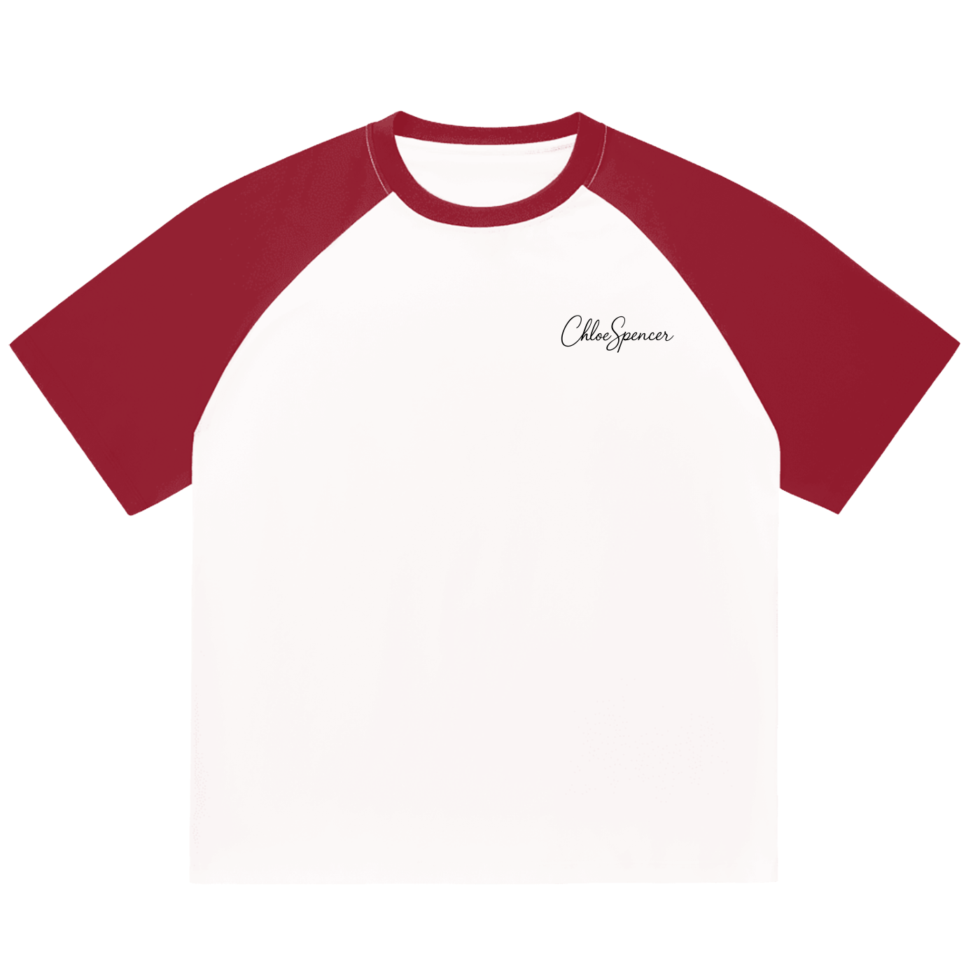 Raglan-T-Shirt mit Roten Ärmeln und der stilisierten Schrift "Chloe Spencer" auf der linken Brust. Ideal für einen modernen, sportlichen Look.