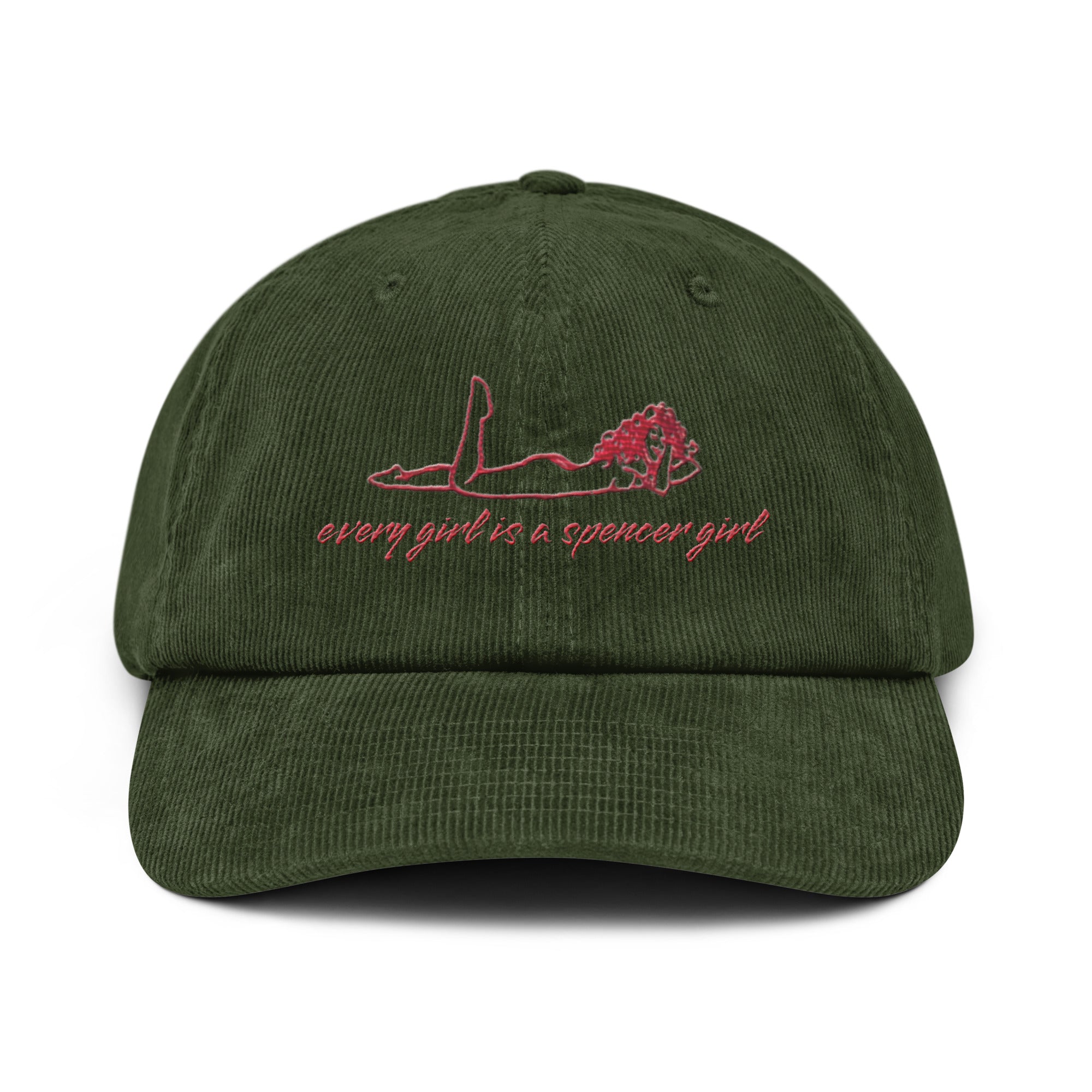 Dunkelolivgrüne Cordmütze mit rotem, minimalistischen Print einer liegenden Figur und dem Schriftzug "every girl is a spencer girl". Stylischer Look für trendbewusste Frauen, ideal für den Alltag und besondere Anlässe.
