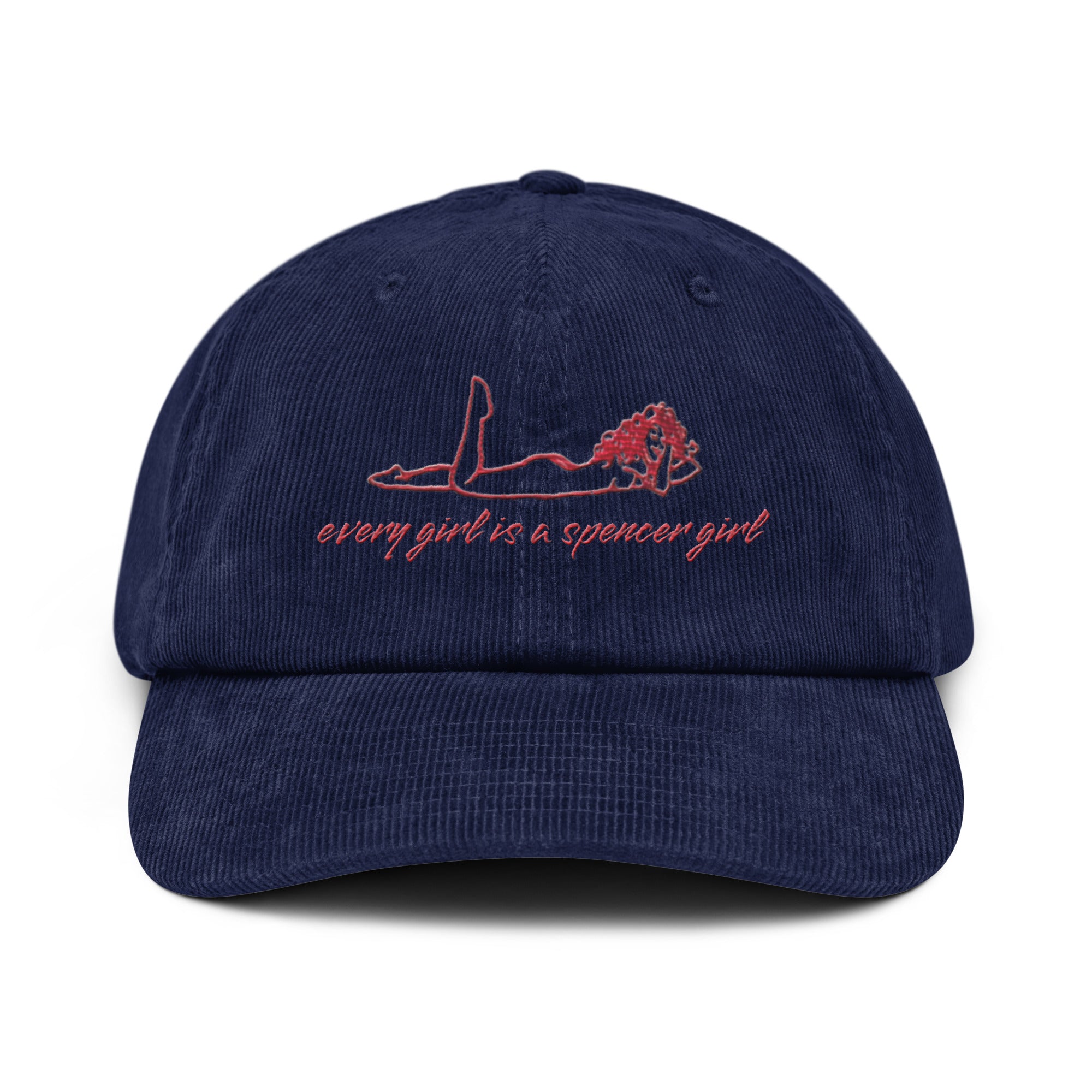 Dunkelolivgrüne Cordmütze mit rotem, minimalistischen Print einer liegenden Figur und dem Schriftzug "every girl is a spencer girl". Stylischer Look für trendbewusste Frauen, ideal für den Alltag und besondere Anlässe.