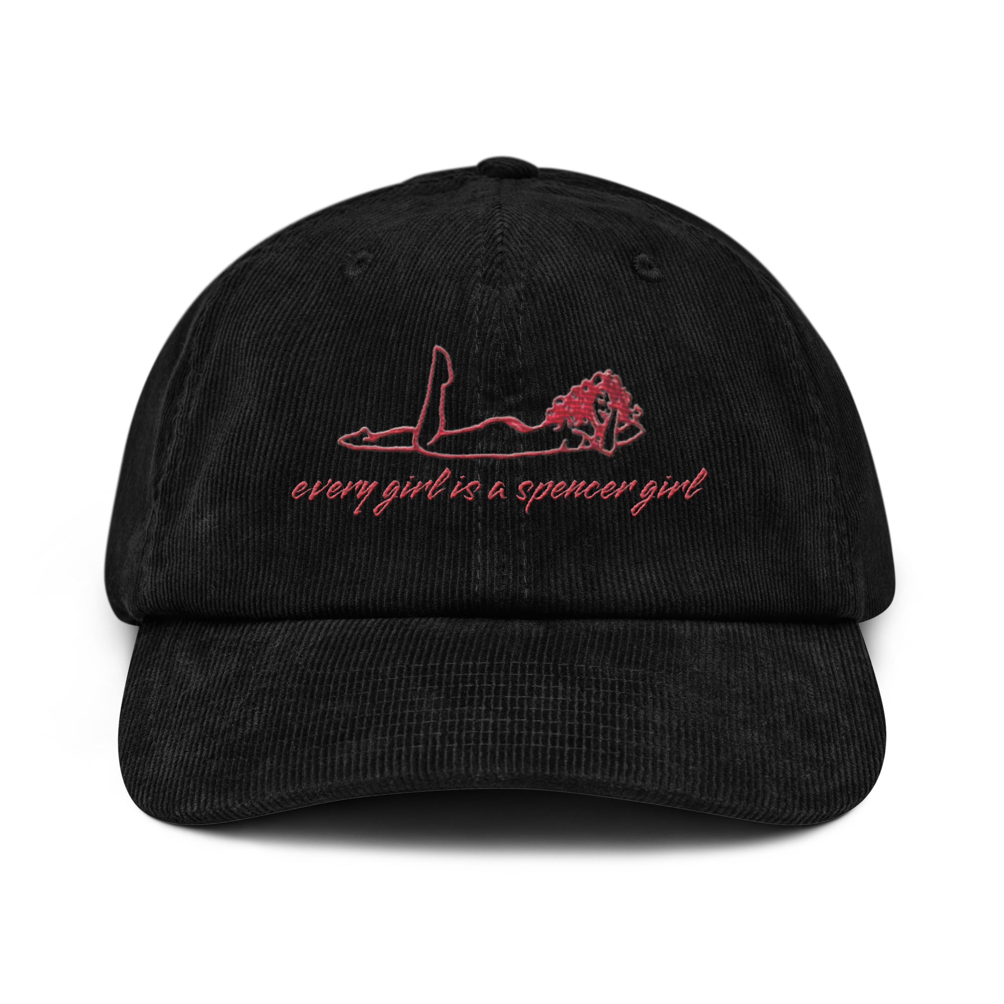 Schwarze Cordmütze mit rotem, minimalistischen Print einer liegenden Figur und dem Schriftzug "every girl is a spencer girl". Stylischer Look für trendbewusste Frauen, ideal für den Alltag und besondere Anlässe.